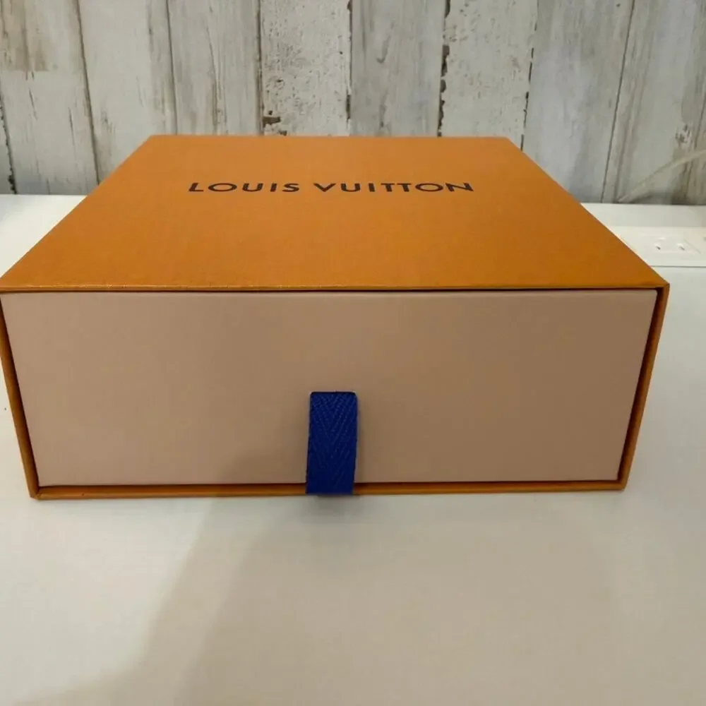 Louis Vuitton Orange Magnetic Slide Drawer Gift Box Blue Ribbon Pull 7x7x3